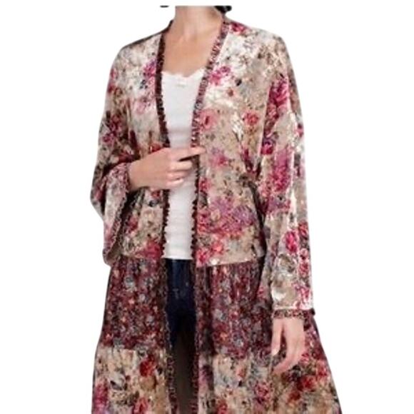 EASEL Floral Velvet Romantic Artsy Ruffle Trim Open Front Kimono Jacket - M - Picture 1 of 8
